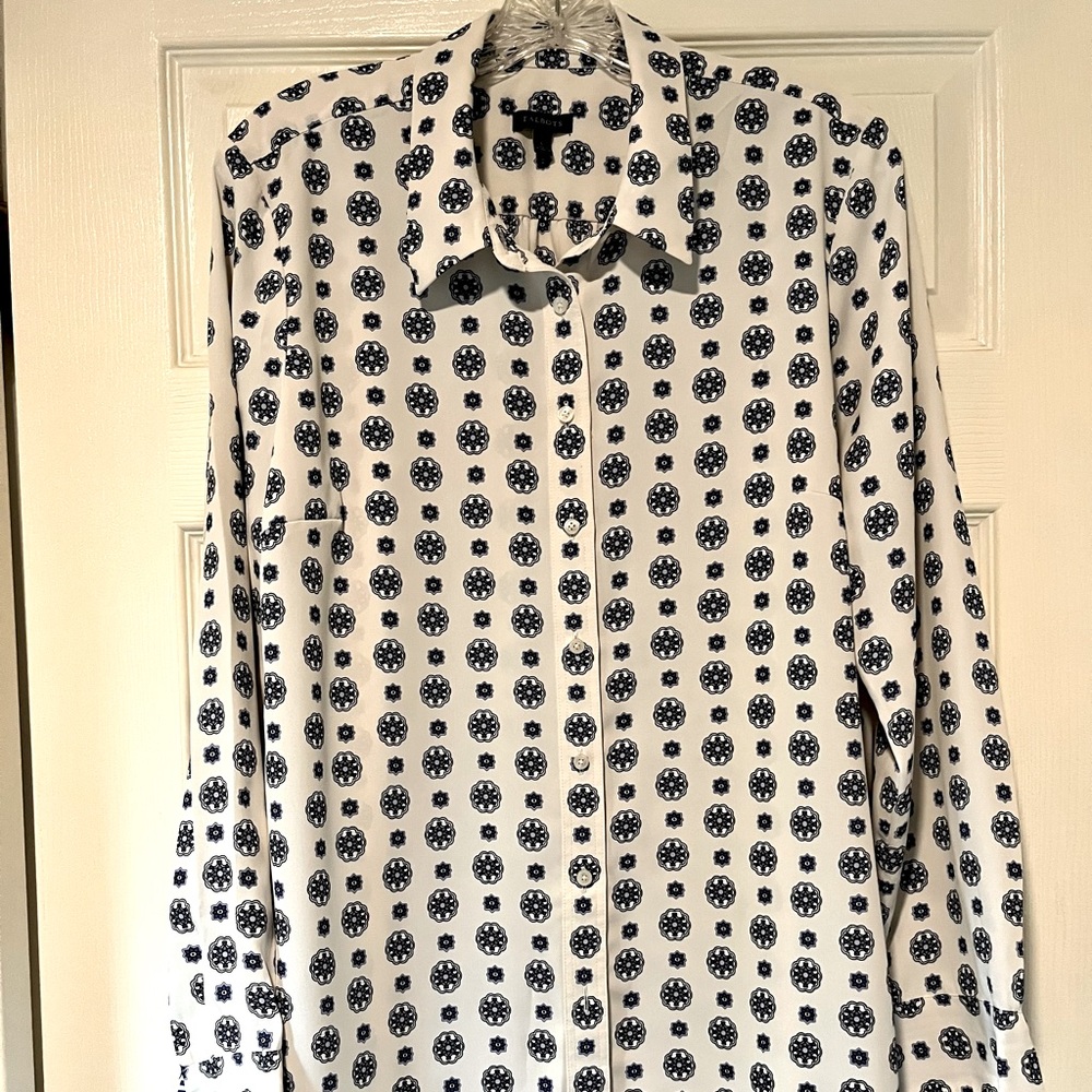 Talbots-  Cream and Blue Blouse- Size L